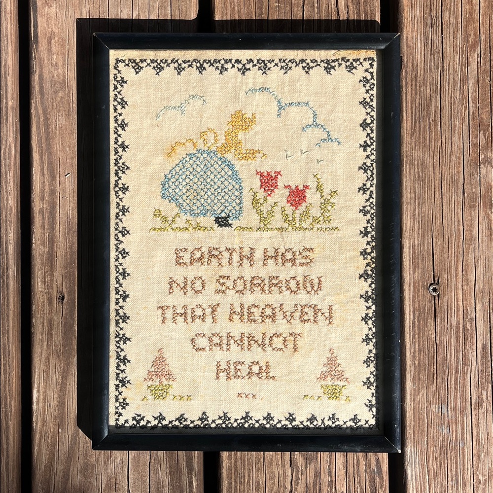 Antique Framed Cross-Stitch Art with Floral Design 1920’s